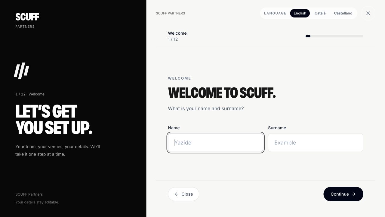 SCUFF Partners account setup asking for name and surname